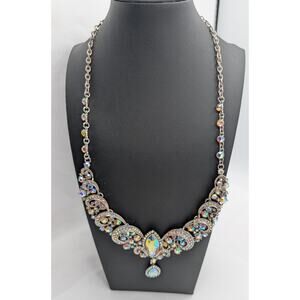 Stunning Iridescent Rhinestone Statement Necklace Silver Tone Choker Style